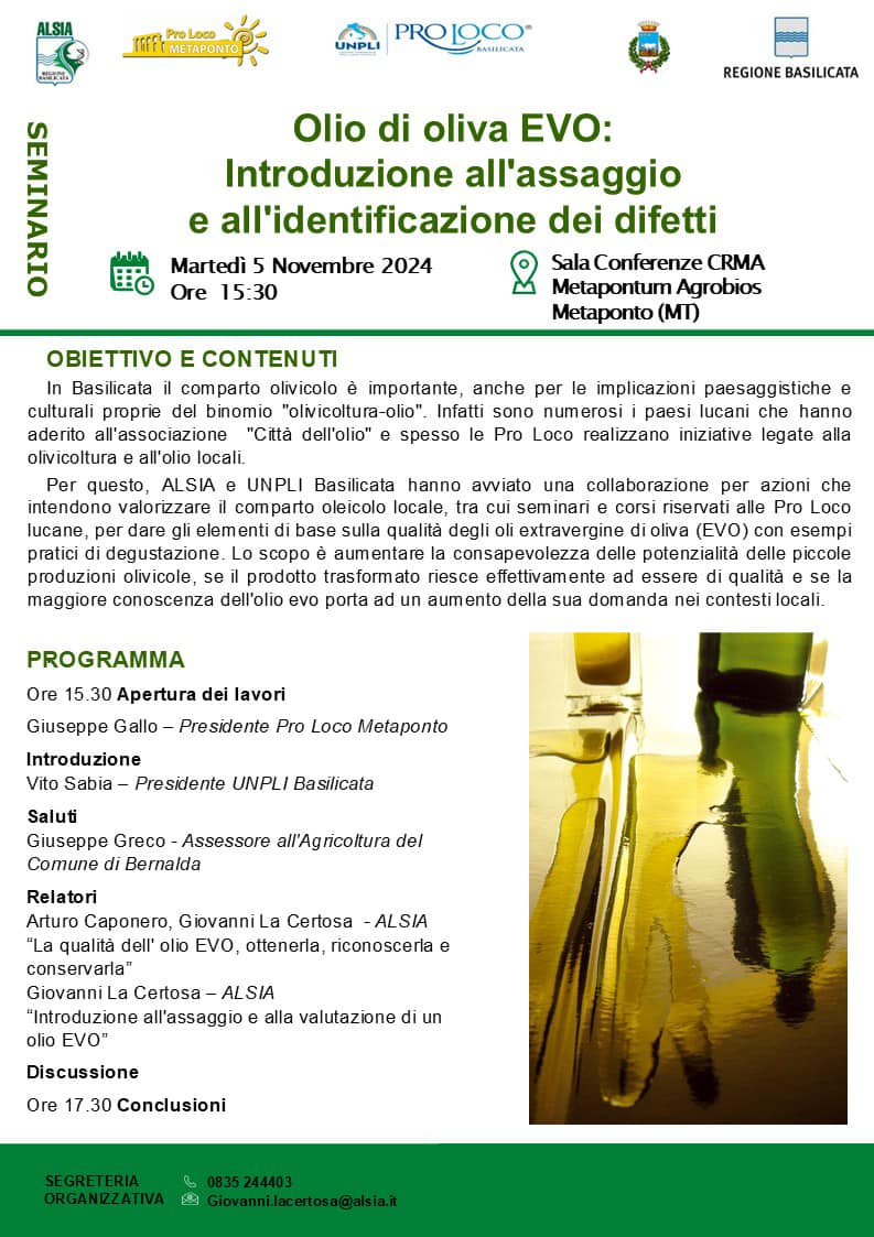 Seminario Olio EVO: introduzione all'assaggio e all'identificazione dei difetti